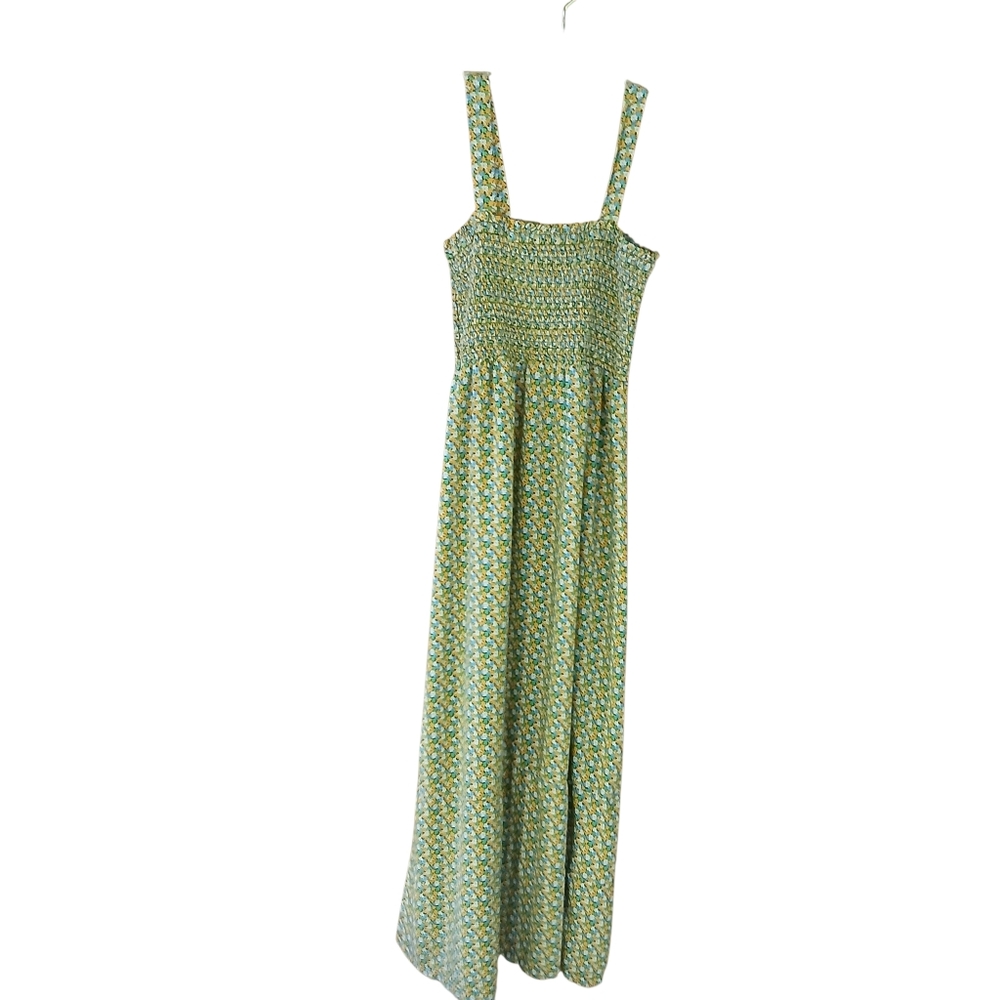 LOFT Yellow & Blue Floral Print Sleeveless Smocked Bodice Rayon Maxi Dress Small